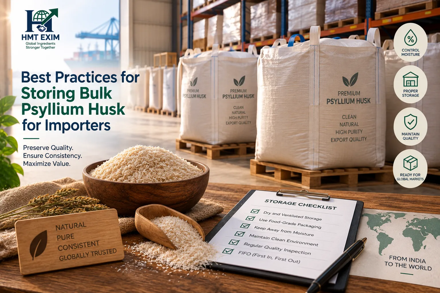 Bulk psyllium husk bags stored on pallets in a clean dry warehouse with proper food ingredient storage conditions.