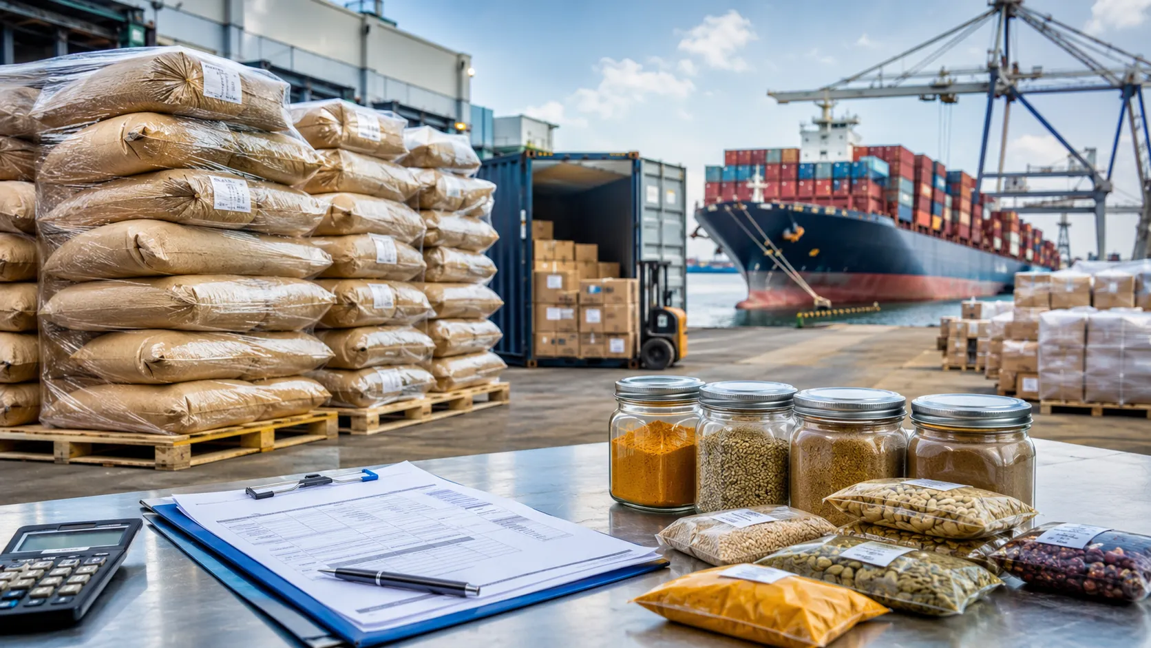 Complete export process from India showing product inspection, export documentation, packaging, container loading and international shipment