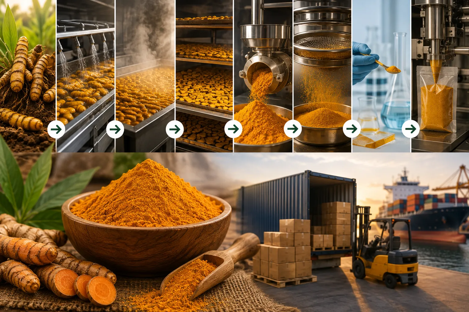 Turmeric powder processing for export from India showing sourcing, cleaning, grinding, quality testing and export packaging.