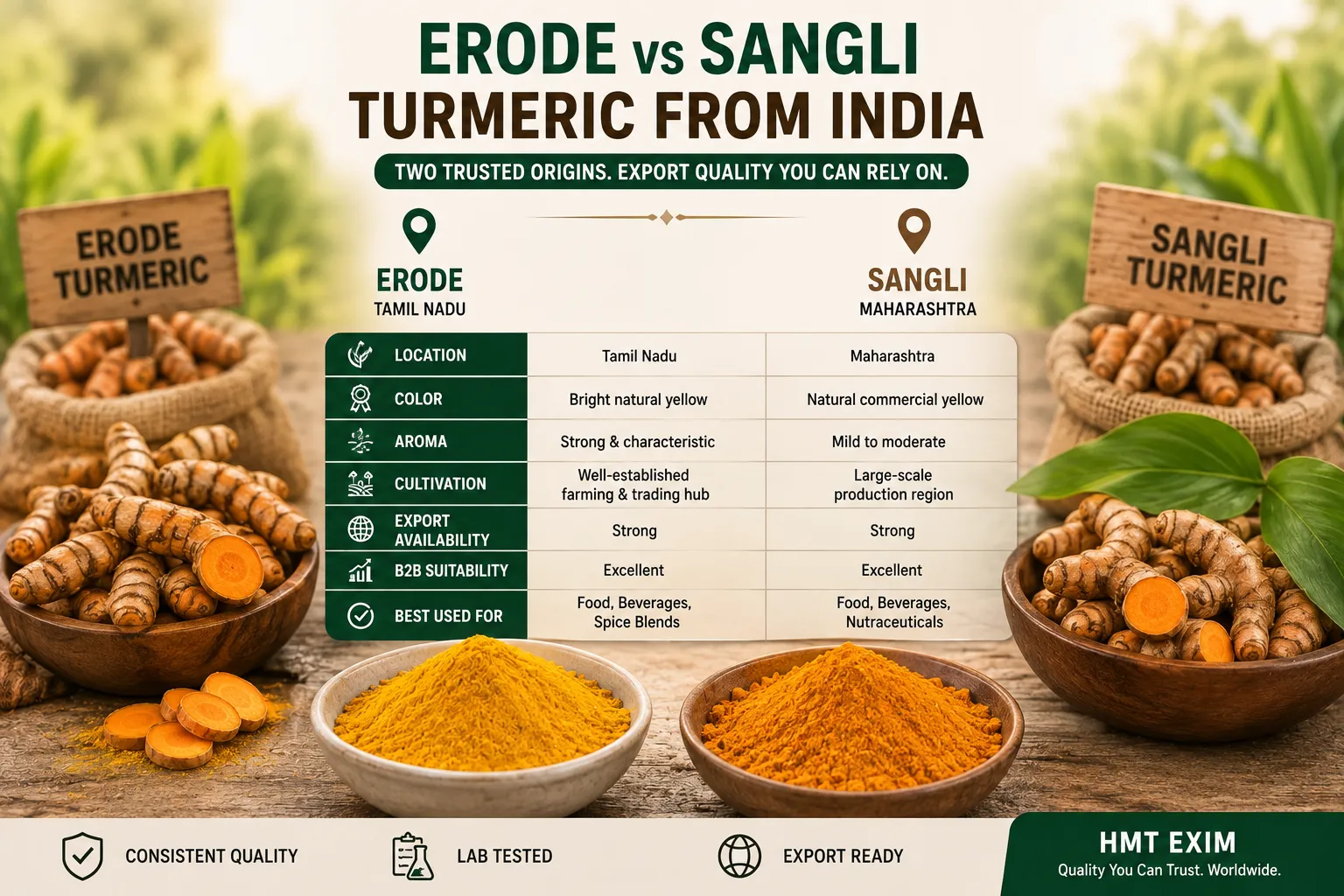 Comparison of Erode and Sangli turmeric varieties showing premium Indian turmeric for international B2B buyers.