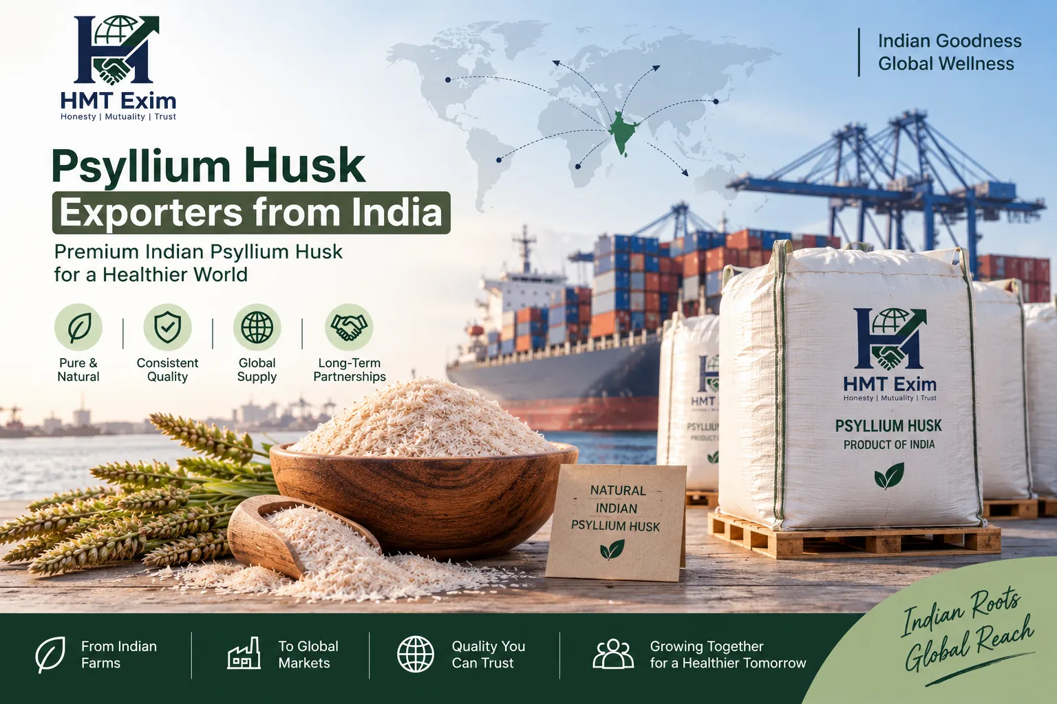 Bulk psyllium husk export shipment from India showing packaged psyllium husk, quality documents, warehouse handling and international shipping.