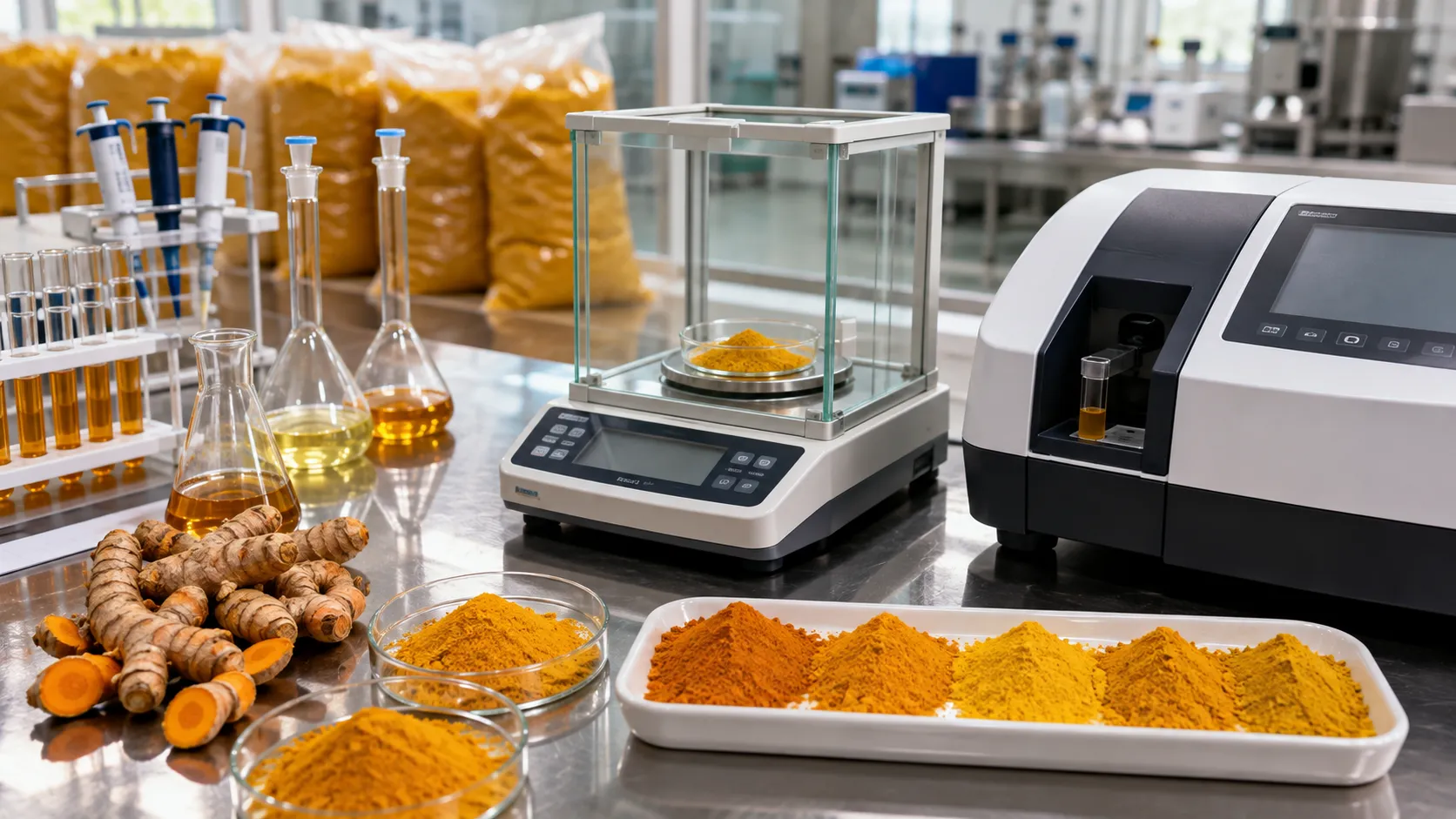 Turmeric powder and turmeric rhizomes with laboratory testing equipment for curcumin quality analysis