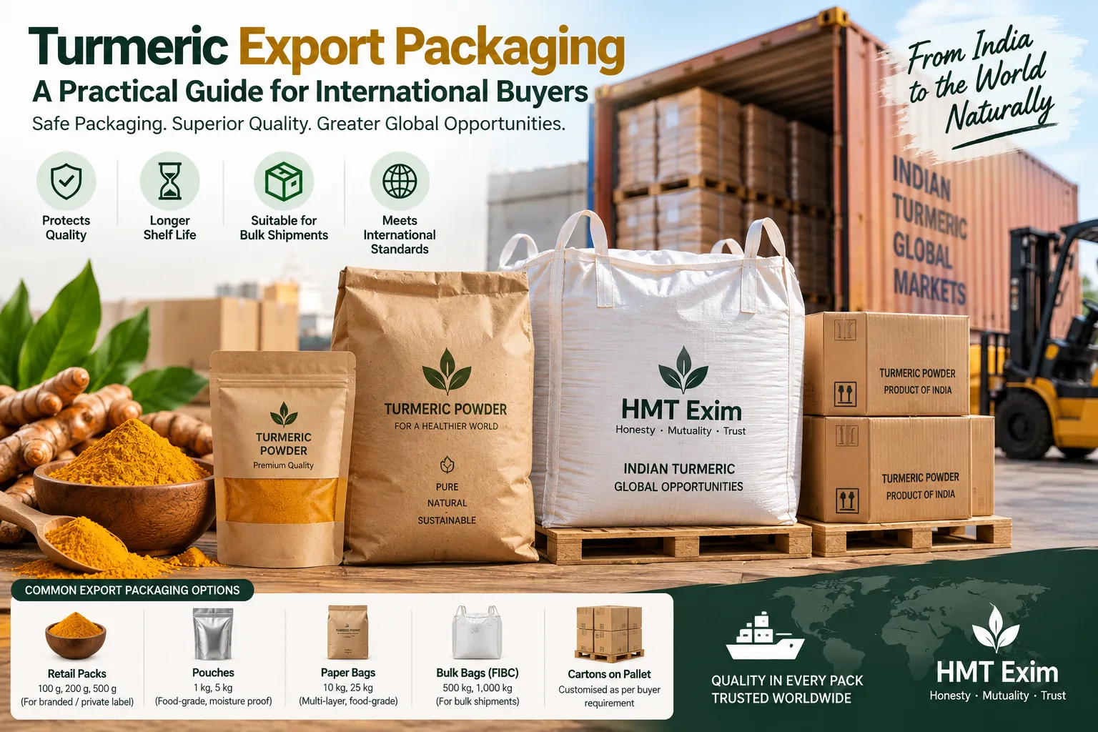 Bulk Indian turmeric prepared in clean food-grade export packaging inside a professional warehouse.